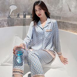 Women's Sleepwear Ice Silk Pajamas Women's Spring And Autumn Long-sleeved Two-piece Thin Home Service Sexy Large Size