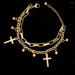 Link Bracelets 316L Stainless Steel Boho Style Cross Layered Bracelet Ladies Fashion Trend High Jewelry Accessories Party Gift SAB374