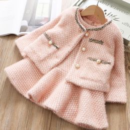 Clothing Sets Autumn Winter Sweet Gentle Girls Princess Dress Mink Fluffy Coat Warm Two-piece Thicken Kids