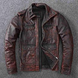 Men's Leather & Faux Vintage Brown Genuine Jacket Men Natural Cowhide High Quality Coat Hunting Clothes Style