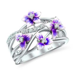 Wedding Rings Delicate Silver Zircon Bridal Engagement For Women Elegant Beautiful Violet Flowers Enamel Multi-layer Finger RingWedding