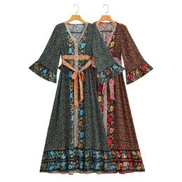 Casual Dresses Boho Style Summer Printed Maxi Dress Button Down Single Breasted Floral Rayon V-neck Belt Chic Vestidos MujerCasual