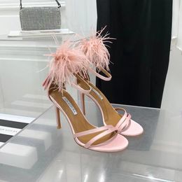 AQUAZZURA Womens Sandals New feather Embellishment Stiletto Heels Evening Shoes100mm Silk Ankle Band Women Summer Designers Shoes with Box