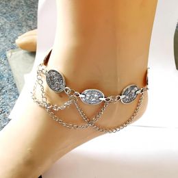 Anklets 1PC Vintage Silver Colour Metal Coin Tassel Link Chain Anklet Foot Bracelets For Women Boho Beach Festival Party Jewellery Gift