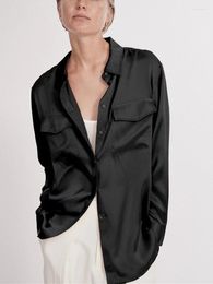 Women's Blouses Solid Colorsatin Blouse Early Spring Light Luxury Loose Silk Shirt With Pockets Ladies Single-Breasted Tops