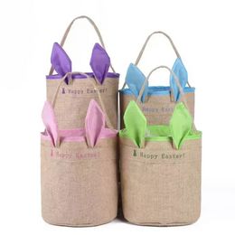 Burlap Happy Easter Basket with Bunny Ears Baskets Jute Bucket Tote Bag Cute Easter Eggs Gift DIY Handbag Rabbit Ears Put Storage Bags 0107