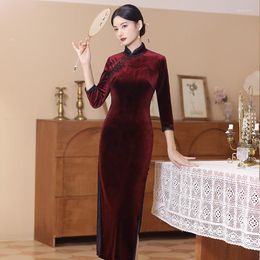 Ethnic Clothing Black Long Velvet Cheongsam Dress Show Costume Vintage Women Qipao Winter Female Dresses Blue M To 5XL