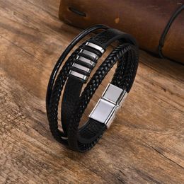 Link Bracelets Stylish Men's Black Braided Leather Casual Multi-Layered Gents Wristband Bangles Jewelry