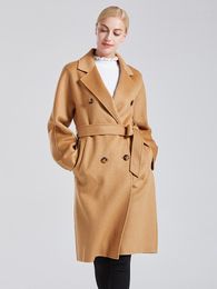 Women's Fur 2023 Double-breasted Real Wool Long Jacket Laced-up Notched Collar Overcoat Women's Winter Coat