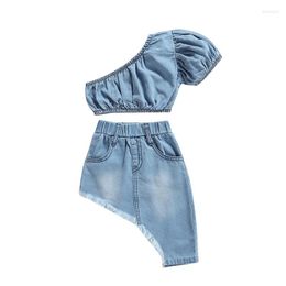 Clothing Sets Stylish Little Girls Denim Clothes Set Solid Color Short Sleeve Off-shoulder Cropped Tops Irregular Hem Skirt 1-5Years