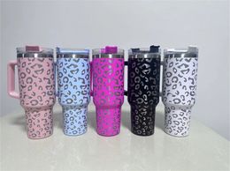 40oz leopard Stainless Steel tumblers with Handle and Straw Reusable Insulated coffee mug outdoor travel cup big capacity Water Bottle Cup