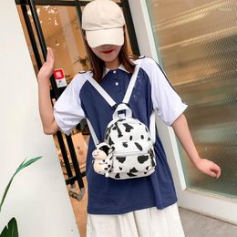 Backpack Mini Canvas Daypack With Plush Pendant Cow Print For Women Lady Girls Outdoor Travel Shopping