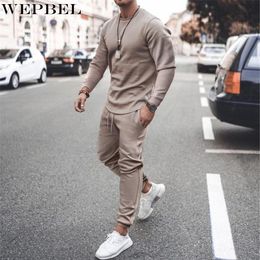 Men's Tracksuits WEPBEL Autumn Winter Solid Loose Sports Suit Casual Mid Waist Lace-up Pocket Pencil Pants Long Sleeve O-Neck Top