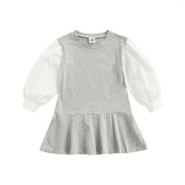 Girl Dresses 2-7Years Toddler Baby Dress Long Sleeve Round Neck Patch Colour Ruffle A-Lined Loose Party Fall Princess Clothing