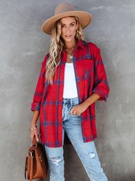 Women's Blouses Fashion Loose Turn-down Collar Mid-length Jacket Coat Autumn 2023 Women Casual Shirts Long Sleeve Plaid Washed Tops A2130