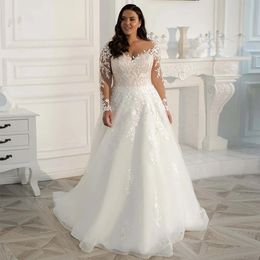 Boho A Line Wedding Dresses Plus Size 2023 Elegant Lace Appliques Long Sleeves Bridal Gowns Sheer V Neck Tulle Custom Made Vestido De Novia