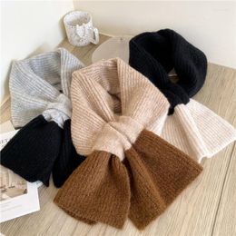 Scarves Winter Knitted Scarf For Women Two-tone Cross Woollen Yarn Shawl Wrap Elastic Warm Neckerchief Solid Muffler Foulard Hijab Snood