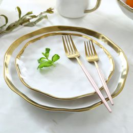 Plates Golden Line Ceramic Plate Dessert Dish Breakfast Table Dishes Kitchen Organizer Gilded Porcelain Tableware Salad Bowl