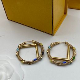 Women Ear Stud Designer Vintage Earrings Hoops Letters Earring Studs Fashion Brass Earring Multicolor Gemstone Edging Party Gift 2301071QS