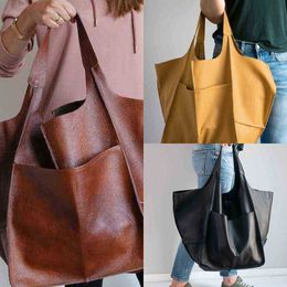 Shoulder Bag Casual Large Capacity Tote s for Women Designer Big Solid Colour Handbags Luxury Pu Leather Shopper 2022 220224