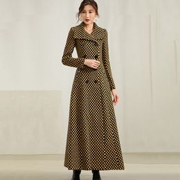 Women's Wool Blends Women Long Coat Autumn Winter Fashion Elegant Thicken Square Collar Yellow Polka Dot en Overcoat Slim Outerwear 230107