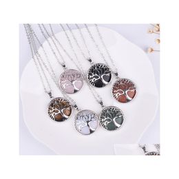 Pendant Necklaces Natural Stone Necklace Hollow Tree Of Life Pink Tigers Eye Healing Rose Quartz Crystal Charms Jewelry Women Drop D Dhsqv