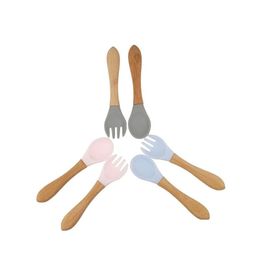 Cups Dishes Utensils Bamboo Baby Spoon And Fork Set Soft Sile Tip Feeding Food Grade Training Toddler Cutlery 338 Y2 Drop Deliver Dhrdg