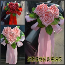 Decorative Flowers 1 Piece Flores Artificiales Rose Wedding Car Decoration Champagne Red Handle Mirror Bowknot Engagement Accessories