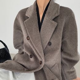 Women's Wool Blends HighEnd Handmade Korean Style Long Alpaca en Overcoat Women Winter Double Breasted Lacing Up Black Coat Jacket 230107