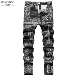 Men's Jeans Mens Fashion Paisley jeans for men Vintage Black Slim Straight Denim Trousers Male 3D Digital Painted Stretch Pants 230106