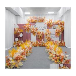 Decorative Flowers Wreaths Orange Yellow Series Wedding Floral Arrangement Artificial Flower Row Table T Stage Backdrop Corner Bal Dh9V8