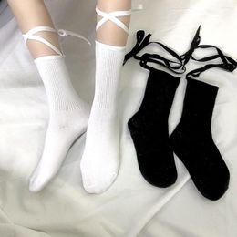 Women Socks Black White Cotton Girls With Long Rope Strap Top Cross Bow Knot Lolita Solid Colour Heel Fashion