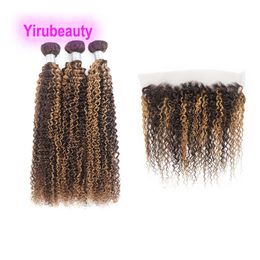 P4/27 Piano Color Brazilian Human Hair Wefts 3 Bundles With 13X4 Lace Frontal Kinky Curly 10-30inch Free Part Products Yirubeauty