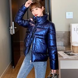 Women's Down Parkas IN Collar Winter Puffer Jacket Long Sleeve Pockets Ladies Slim Solid Glossy Thick Padded Coat for Female 230107