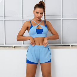 Active Sets Fashion Sexy Yoga Suit Two Piece Set Women Gather Shockproof Sports Bra Running Fitness Ride Shorts Gym Womens Outfits