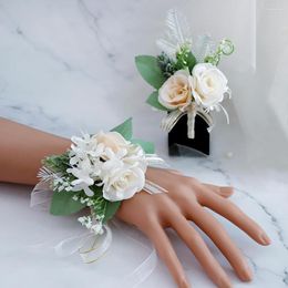 Decorative Flowers 2pcs Artificial Rose Wrist Corsage Boutonniere Set For Bride Bridesmaids Wristband Wedding Party Prom Suit Decorations