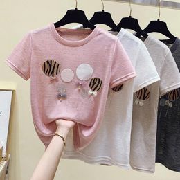 Women's T Shirts Diamonds Applique Women T-Shirt 2023 Short Sleeve Cotton Shining Bow Fashion Tshirt Female O-Neck Pink White Tops Khaki