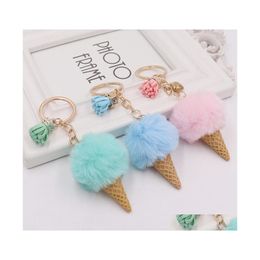 Key Rings Ice Cream Keychain Cute Bag Cartoon Imitation Rex Rabbit Fur Plush Pendant Cone Car Hair Ball Accessories Keychains Drop D Dhn3Y