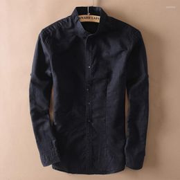 Men's Casual Shirts Fashion Men Cotton Linen Chinese Mandarin Collar Long Sleeve Slim Fit Solid Colour Breathable Soft Shirt XXL