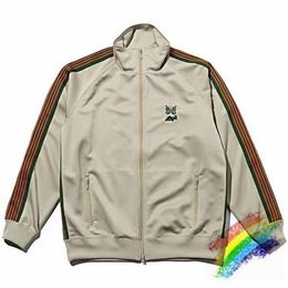 Men's Jackets Butterfly Embroidery AWGE Needles Jacket Men Women Apricot Ribbon Striped Coat