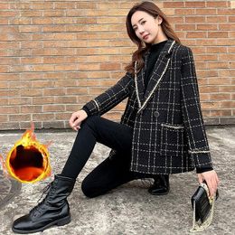 Women's Suits Autumn Winter Thicken Tweed Blazer Vintage Women Notched Collar Double Breasted Plaid Jackets Fashion Suit Coat E860