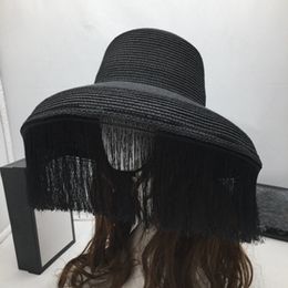 Wide Brim Hats Bucket Retro hats black tassel stage big eaves female sun fashion show little and mystery of the face 230106