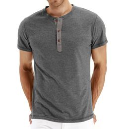 Men's T Shirts 2023 Summer Henley Men Solid Short Sleeve Oversize Tops Fashion Button Casual 65%Cotton Shirt For Male Clothing