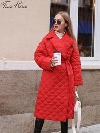 Women s Down Parkas Winter Woman s Jacket Straight Rhombus Pattern Casual Sashes Windproof Warm Thick Coat Elegant Female Outwear 230106