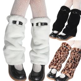 Women Socks Girls Winter Plush With Faux Leather Buckle Belt Japanese Lolita Kawaii Knee High Foot Covers