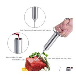 Meat Poultry Tools 2Oz Grill Marinade Seasoning Injector With 3 Needles Stainless Steel Cooking Syringe Injection Cleaning Brush D Dhelx