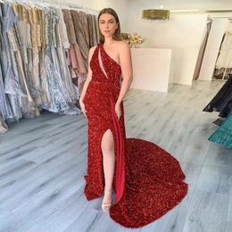 Designer Red Sequins Evening Dresses 2023 One Shoulder Mermaid Charming Women Night Party Gowns Saudi Sider Train Met Gala Custom