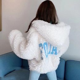 Women s Down Parka Super Soft Lambswool Hooded Bomber Jacket Loose Large Letters Embroidery Plush Coat Winter Furry Zipper Cardigan Ins Tops 230106