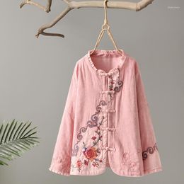 Women's Blouses Women Retro Cotton And Linen Tops Chinese Style Floral Flower Embroidery Cardigan Plate Button Loose Ruffles Shirts