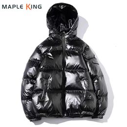 Men s Jackets Glossy Black Mens Coats and Women Harajuku Parkas Cotton Padded Hooded Bright Jaqueta Masculina Unisex Winter Clothes 230106